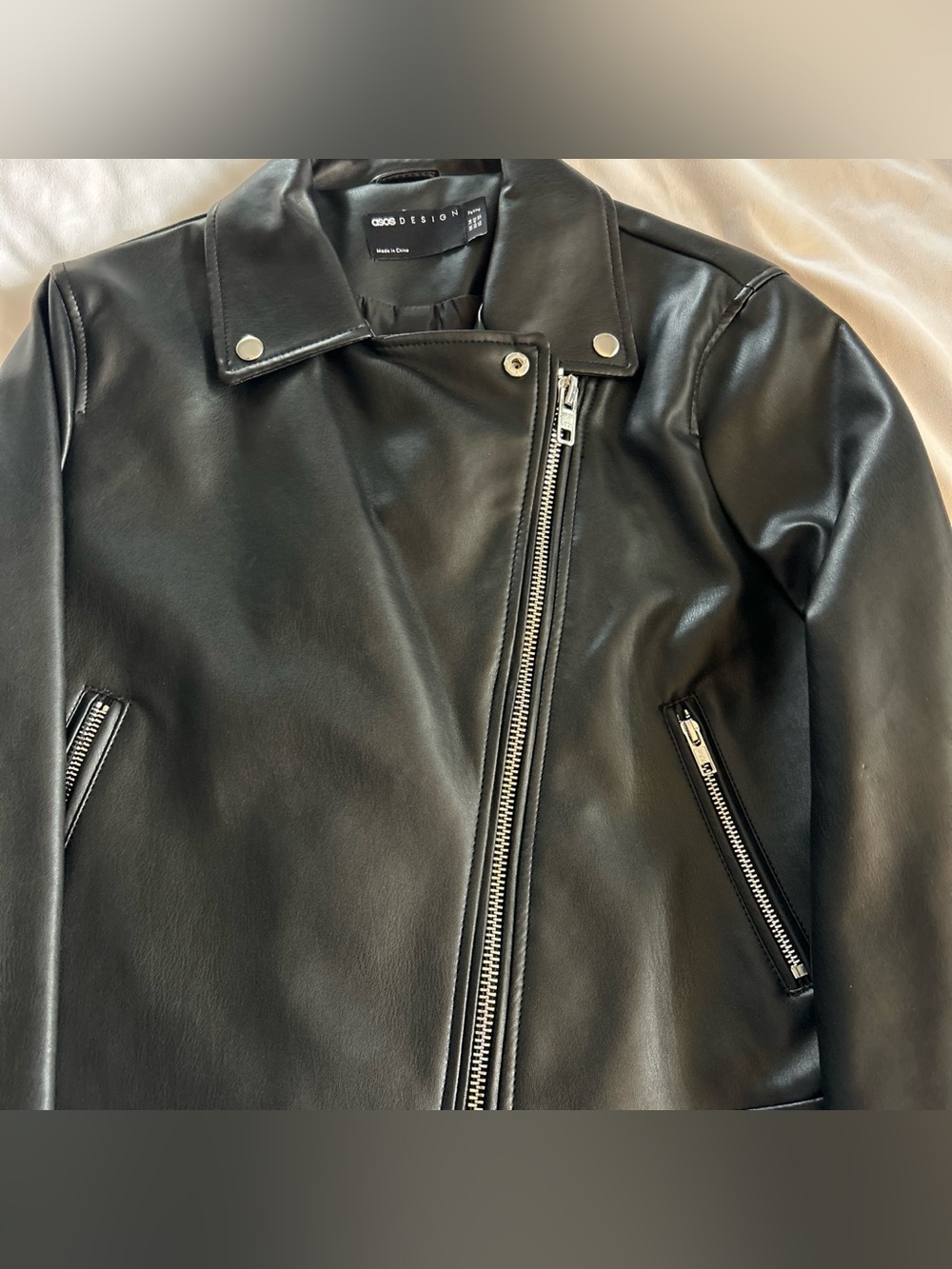 ASOS Black Faux Leather Moto Jacket with Silver Zips